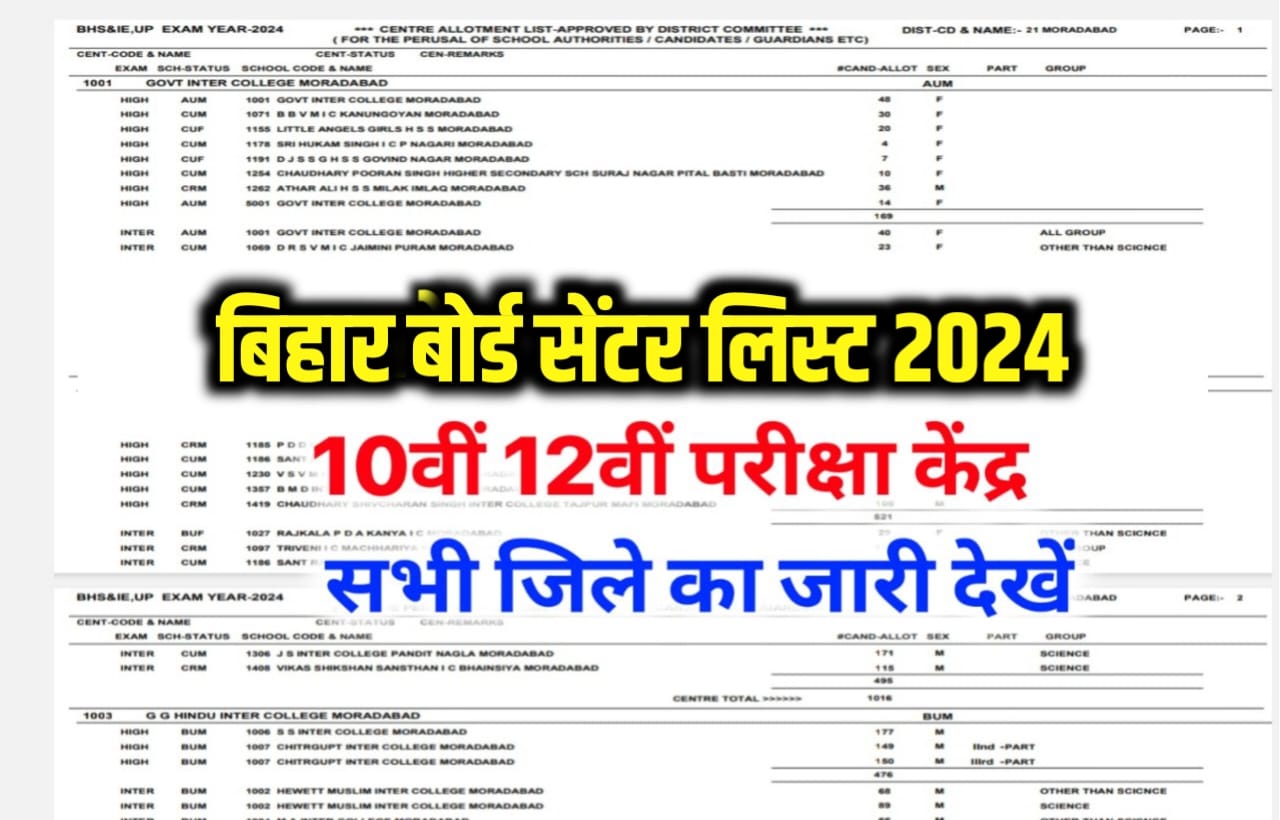 Bihar Board Class 10th 12th Center List Check 2024: बिहार बोर्ड मैट्रिक इंटर परीक्षा 2024 का सेंटर लिस्ट अभी-अभी जारी, यहां से देखें जिला वाइज सेंटर लिस्ट