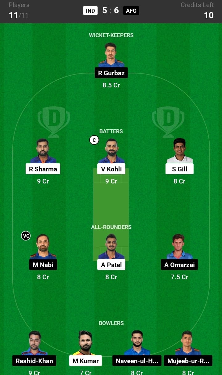 IND vs AFG dream11 first rank winning team